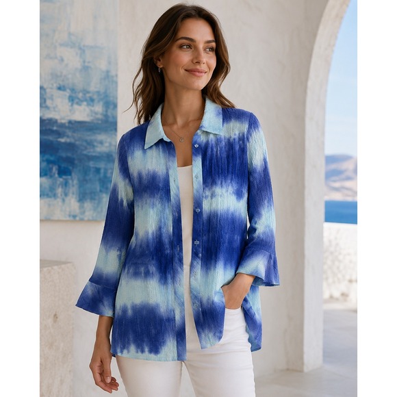 Ali Miles Tops - Ali Miles Crinkle Tie Dye Button Up Top Small Blue Boho Artsy Lagenlook Blouse